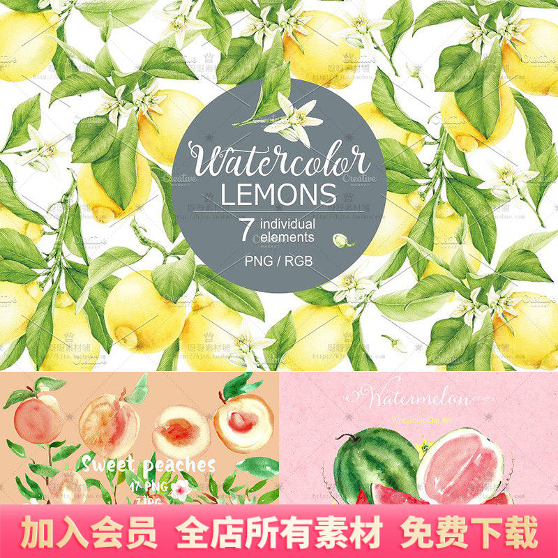 手绘水彩柠檬西瓜桃子石榴树叶插图PNG免抠图片装饰包装设计素材