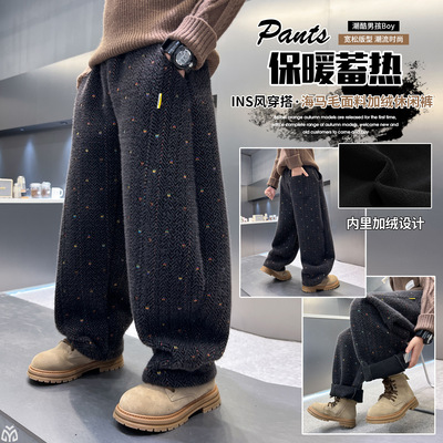 男童秋冬季裤子加绒加厚2025新款中大童冬装一体绒儿童直筒休闲裤