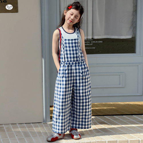 女童背带裤套装2026年夏季新款中大童休闲撞色背心格子裤夏装休闲