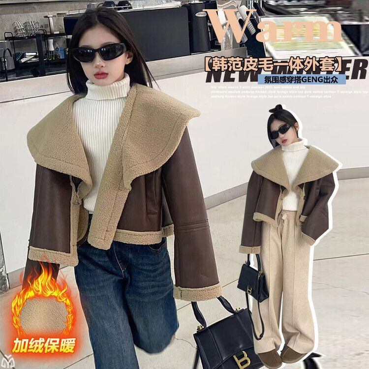 女童翻领皮衣加绒外套秋冬款2025新款中大童韩版加厚冬季保暖