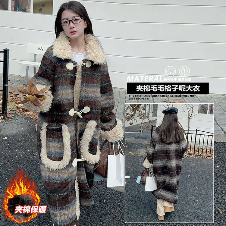 设计感复古格子牛角扣呢子大衣女冬季加厚新款2025羊羔毛毛呢