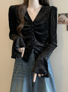 秋冬黑色金丝绒V领正肩长袖T恤女大码胖mm打底衫喇叭袖上衣1012z