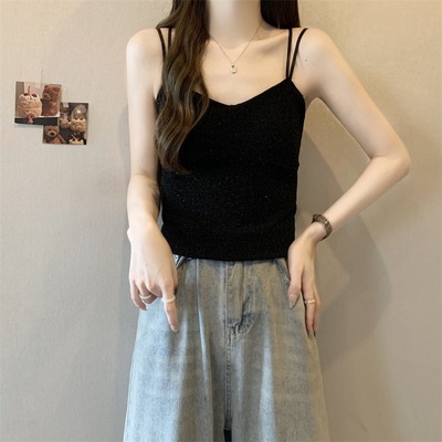 秋冬金丝绒黑色吊带背心女新款大码胖mm亮闪闪美背打底衫内1020z