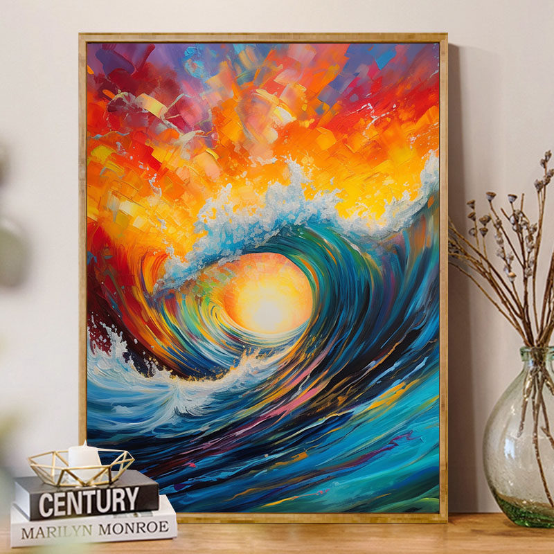 浪卷夕阳 数字油画diy填充涂色画浪卷夕阳手绘手工景色画装饰画