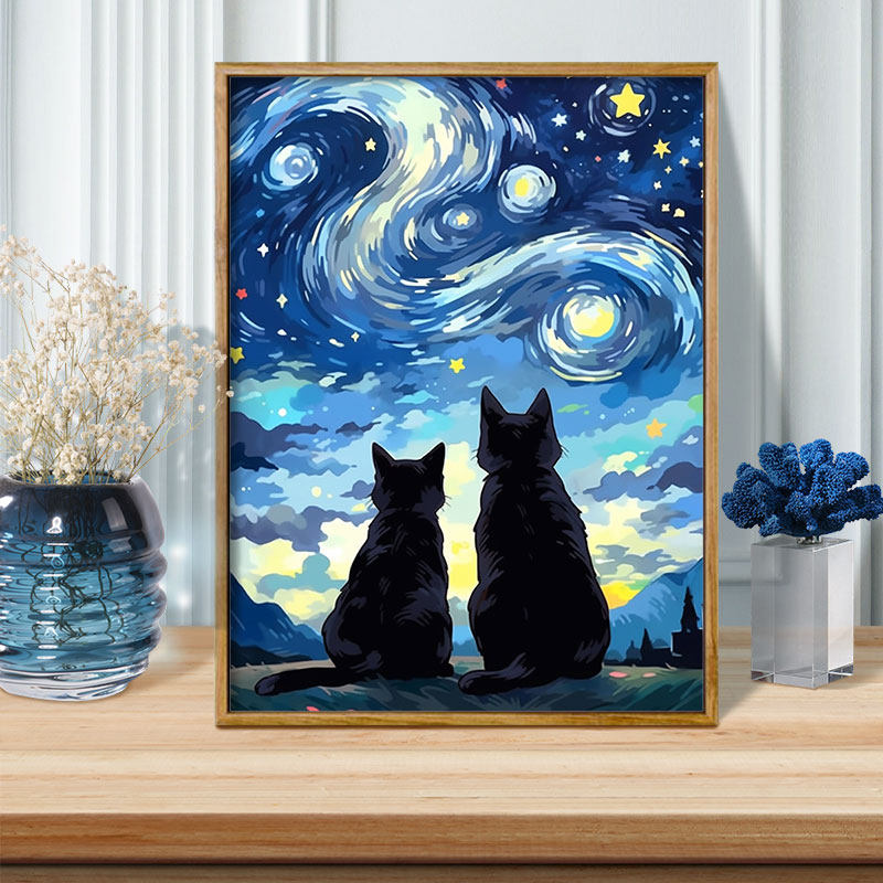 梵高一起看星星 diy数字油画治愈卡通手绘油彩画客厅装饰丙烯挂画