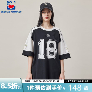 黑色18号印花冰球服拼接情侣半袖 新款 T恤男2025夏季 公鸡冠军短袖