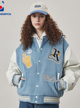 公鸡冠军棉服女冬季新款宽松蓝灰色棒球服刺绣毛呢拼接加厚外套潮