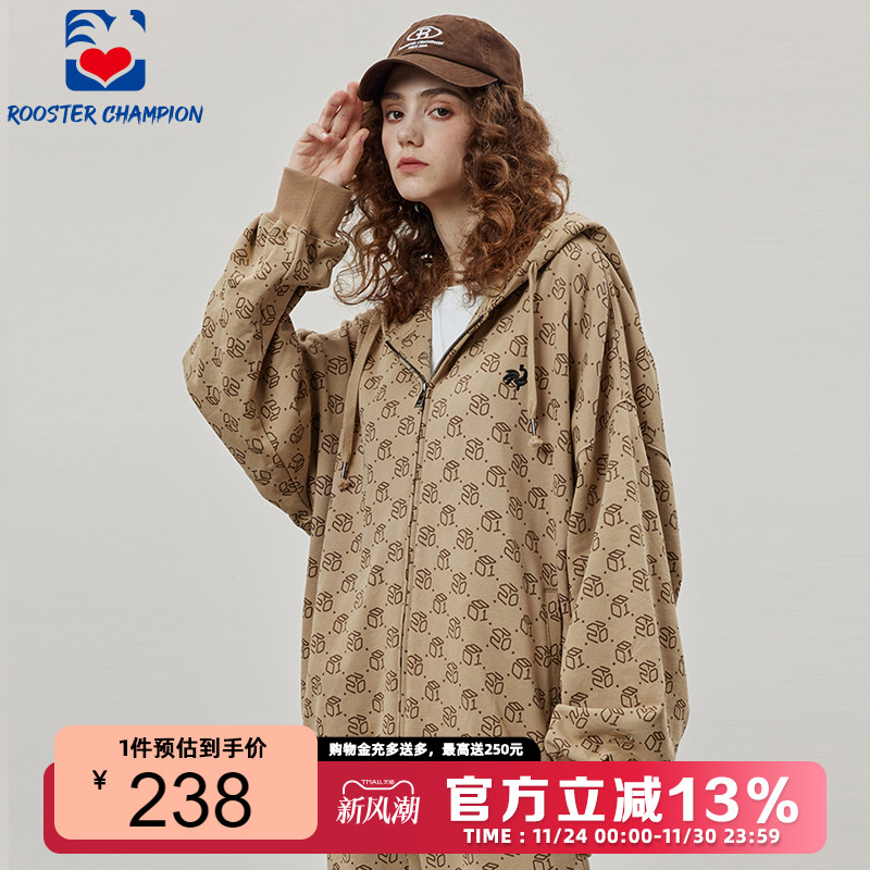 公鸡冠军复古连帽满印开衫卫衣