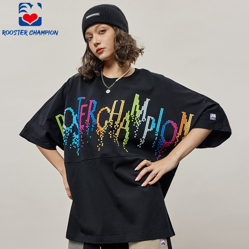 公鸡冠军夏季黑色圆领短袖T恤