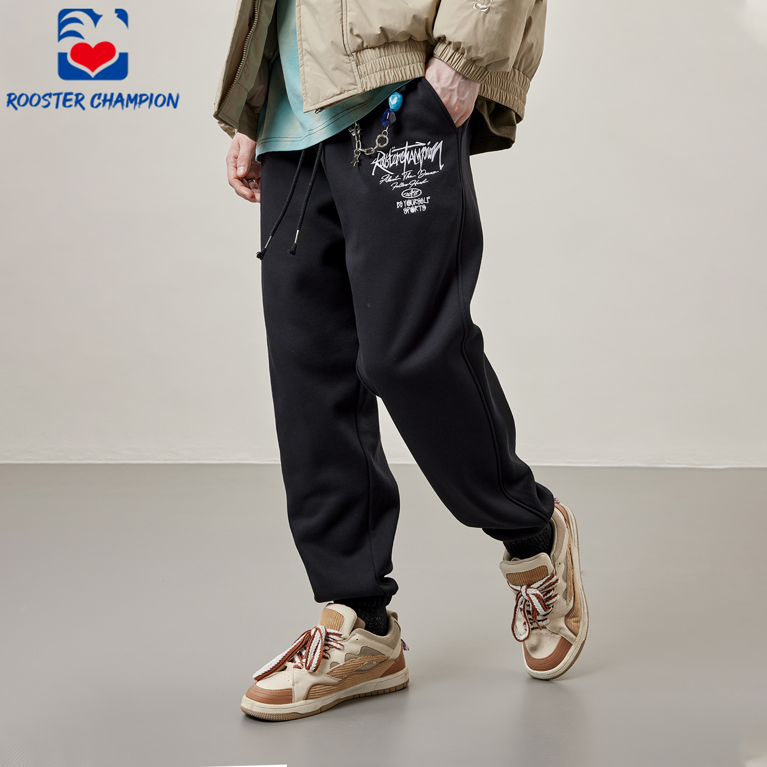 公鸡冠军黑色重磅卫裤