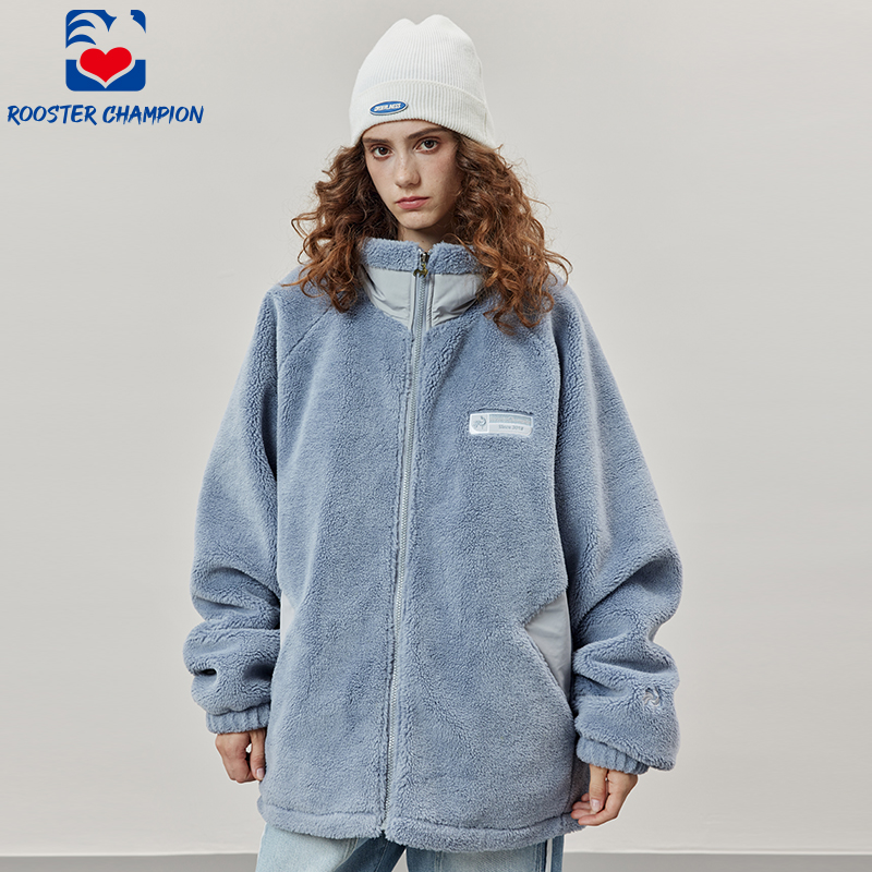 公鸡冠军冬季蓝色立领外套羊羔绒