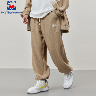 宽松卡布奇诺色复古刺绣束脚情侣休闲长裤 新款 男秋季 公鸡冠军卫裤