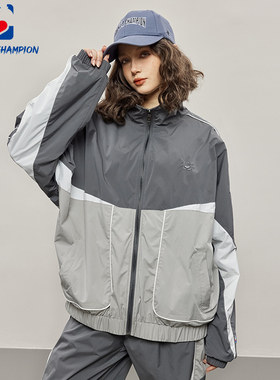 公鸡冠军夹克男春季新品宽松深灰色半高领拼接拉链户外运动外套潮