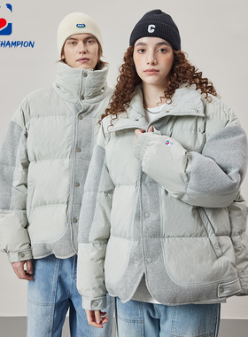 公鸡冠军羽绒服男新款冬季灰色宽松立领拼接中长款情侣加厚外套潮