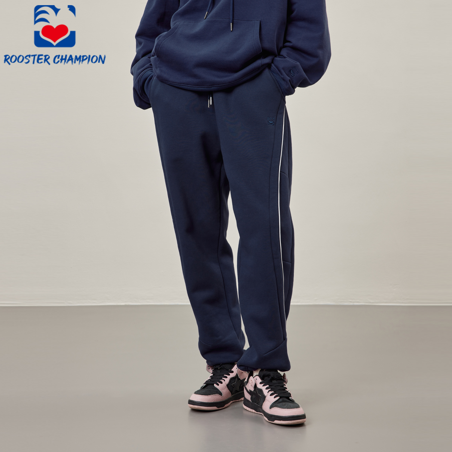 公鸡冠军深蓝色重磅卫裤