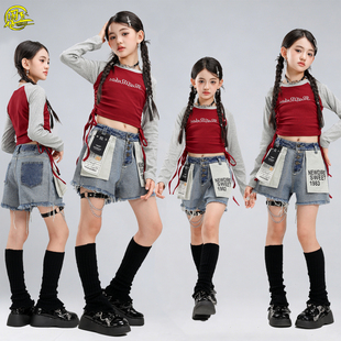 女童爵士舞服韩版拼色上衣牛仔短裤jazz舞蹈服女团街舞走秀演出服