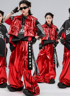 儿童街舞潮服男女童炫酷红色皮马甲嘻哈hiphop架子鼓走秀演出服装