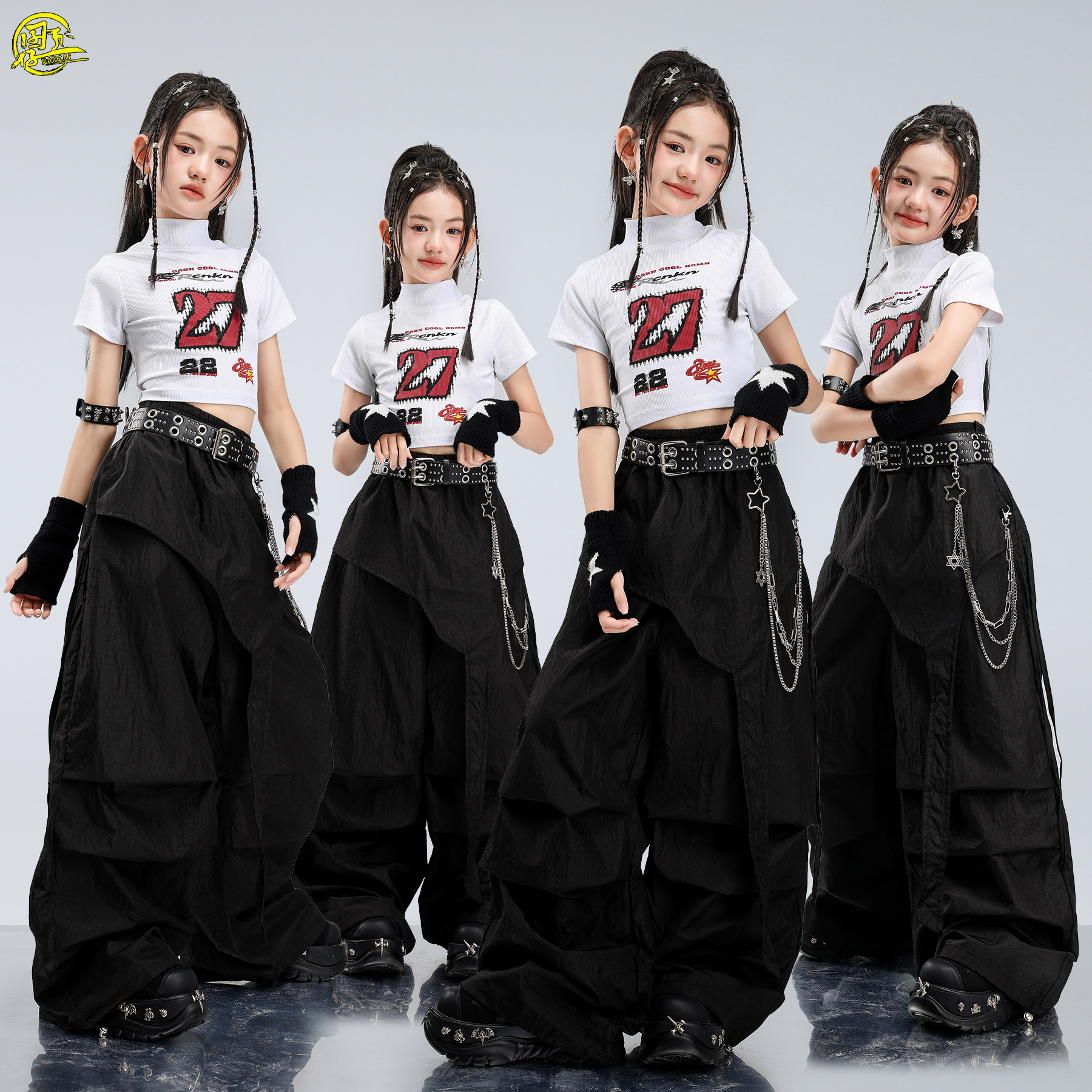 女团时髦爵士舞服甜酷白色T恤舞蹈练功服女童jazz街舞走秀演出服