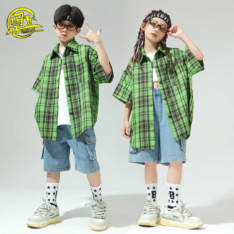儿童衬衫牛仔短裤街舞表演服套装