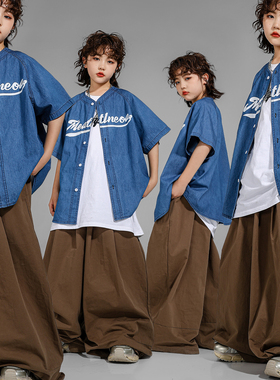 儿童嘻哈街舞服装男女孩子酷帅牛仔棒球衫套装hiphop架子鼓演出服