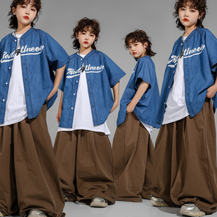 儿童嘻哈街舞服装男女孩子酷帅牛仔棒球衫套装hiphop架子鼓演出服