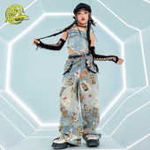 爵士舞jazz服装 女孩子洋气吊带牛仔套装 T台走秀服儿童街舞表演服