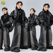 街舞儿童潮服男女童机车皮夹克牛仔裤 嘻哈hiphop炸街架子鼓演出服