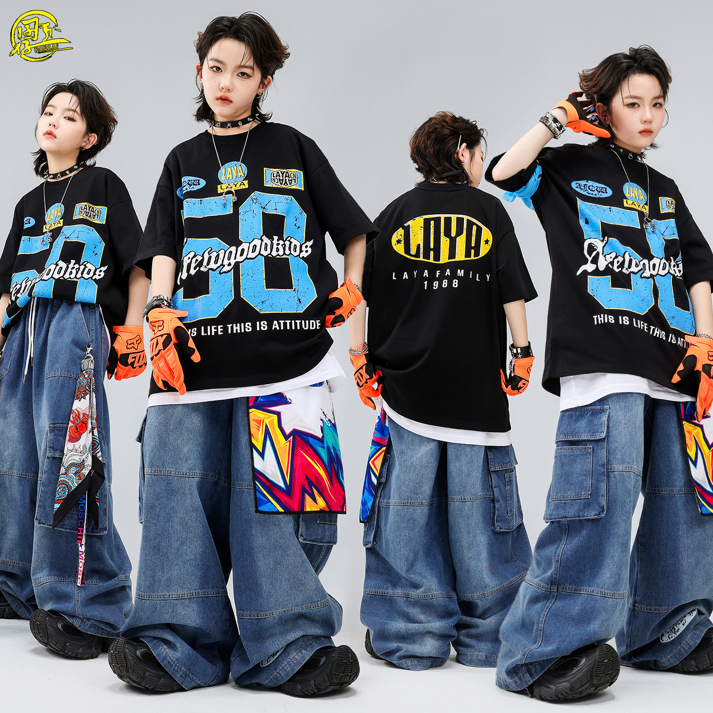 儿童街舞演出服男女孩酷帅黑色T恤牛仔裤嘻哈hiphop舞蹈架子鼓服