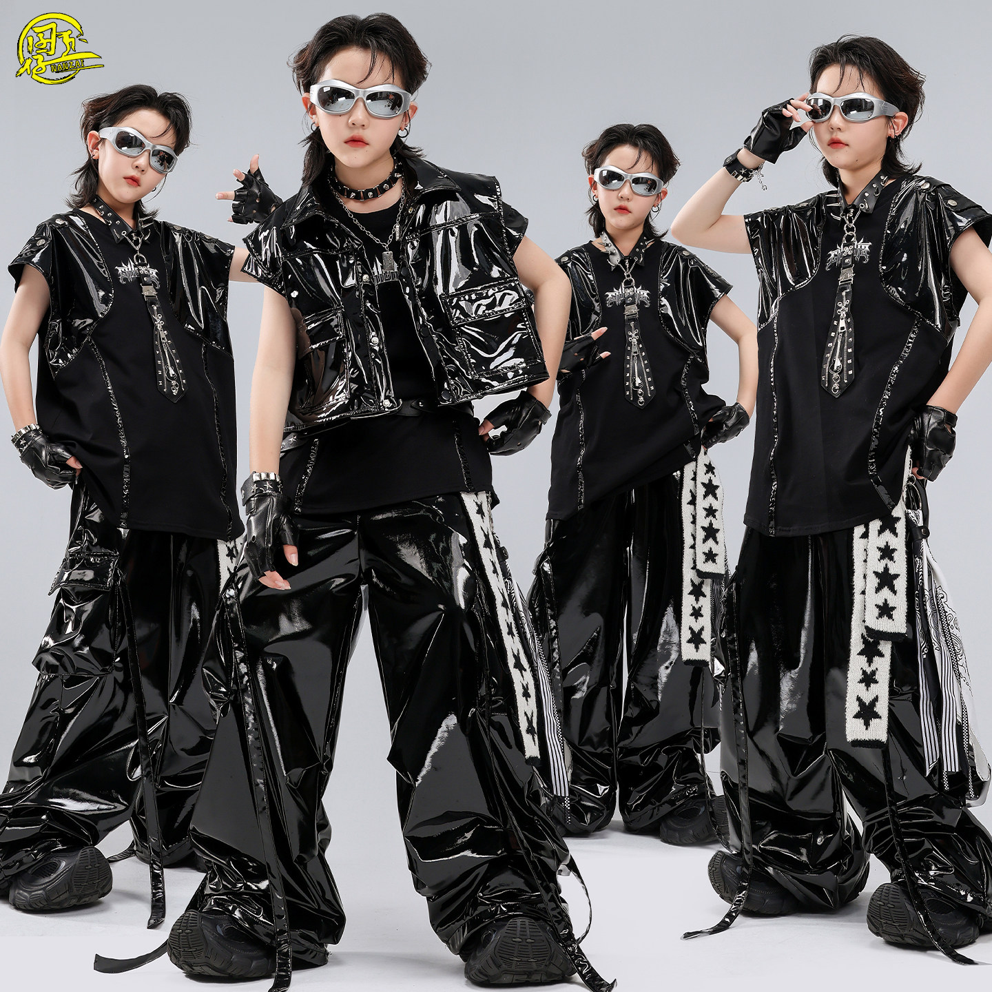 儿童街舞潮服男女童酷帅皮马甲嘻哈hiphop架子鼓舞台走秀演出服装