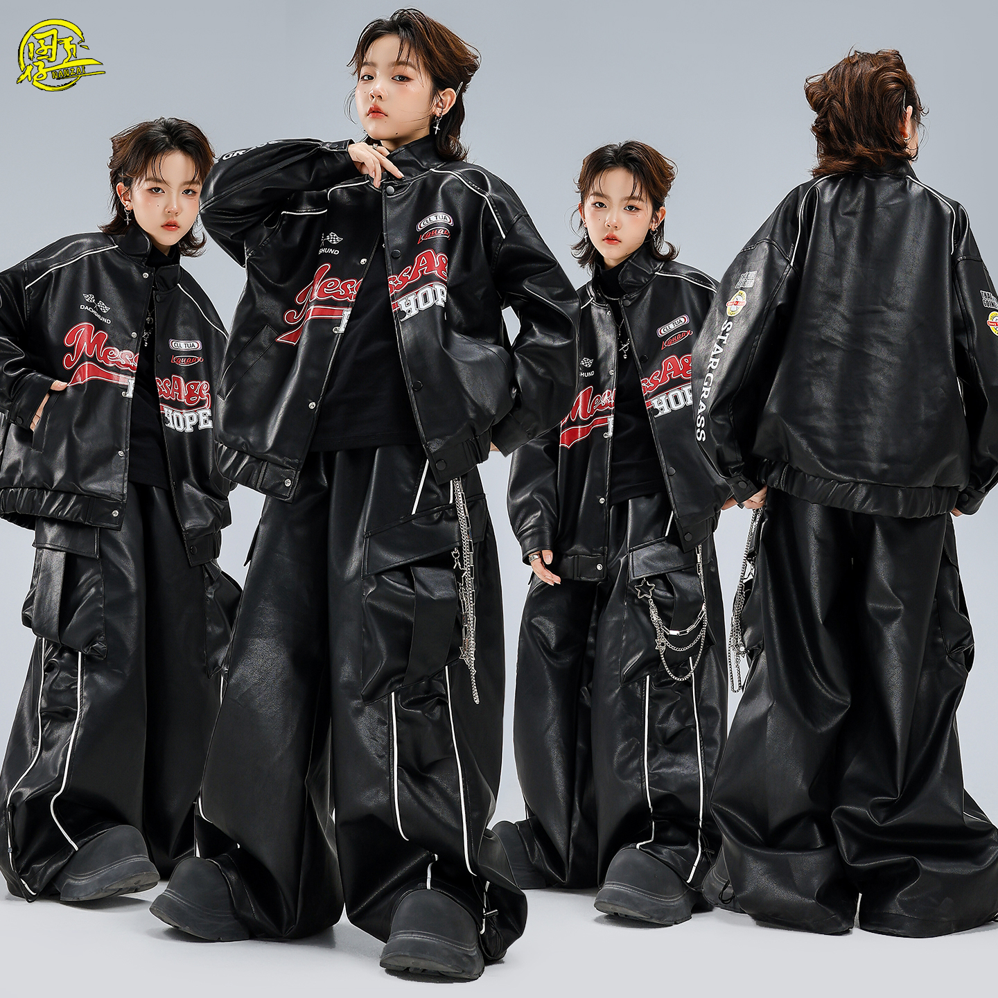 儿童酷帅机车皮衣hiphop街舞潮服