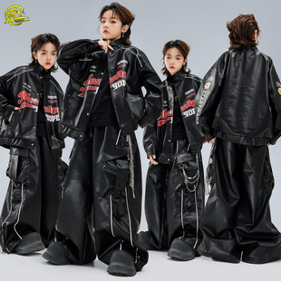 儿童嘻哈街舞潮服男女童酷帅机车皮衣皮裤 hiphop架子鼓走秀演出服