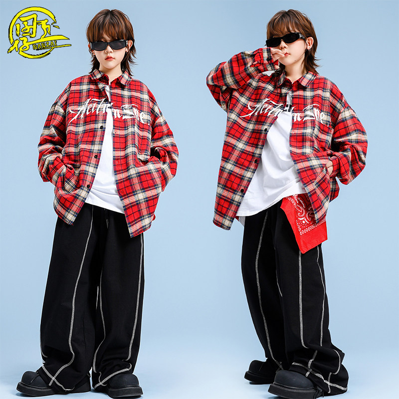 少儿嘻哈街舞hiphop演出服男女童帅气格子衬衫运动裤架子鼓练功服
