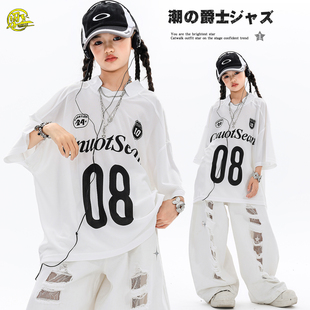 爵士舞潮服女童酷帅T恤破洞长裤jazz舞蹈练功服女团街舞表演出服