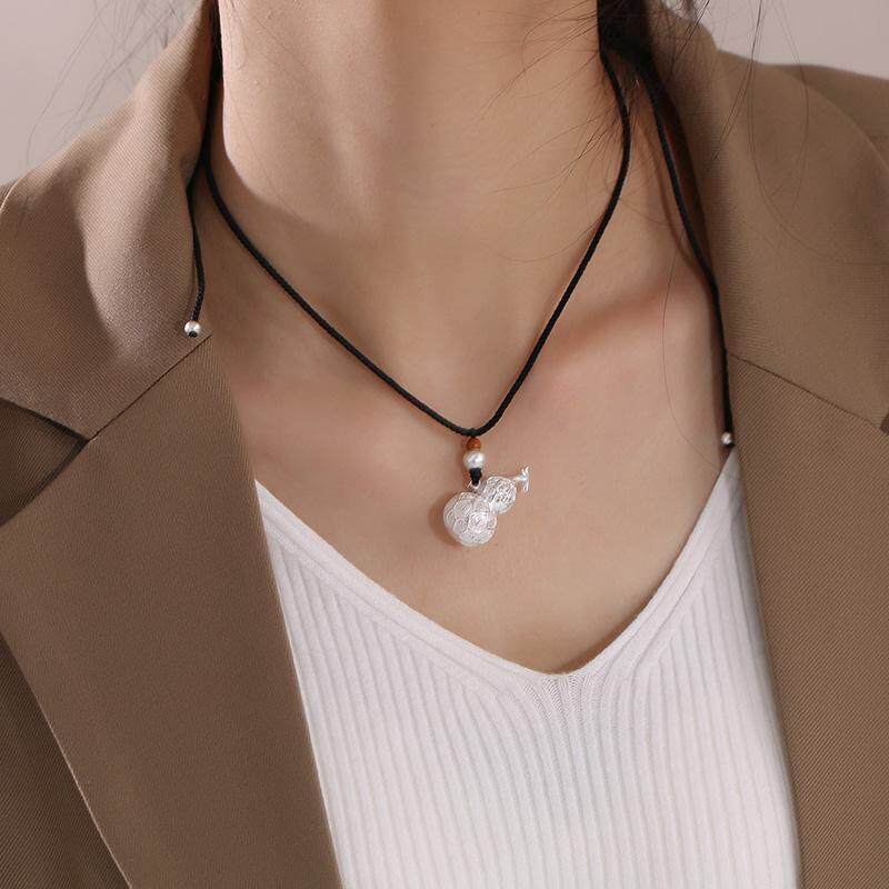 国潮通体s925纯银葫芦吊坠男女款情侣项链百搭福禄纯银黑绳毛衣链