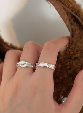 s925银戒指韩版几何素圈双层双环戒指女气质冷淡风开口不规则指环