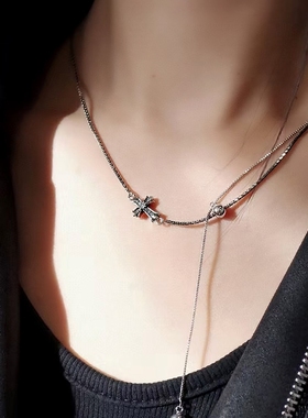 韩S925银双层极简十字架小众项链