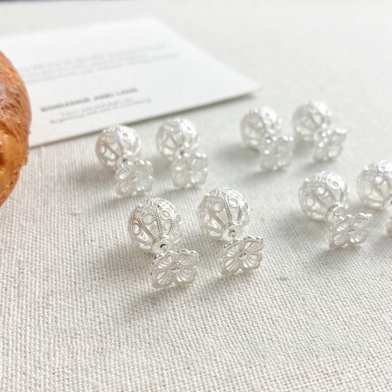 通体S925银韩版简约蕾丝花边镂空球球耳钉女生小众冷淡风学生耳饰