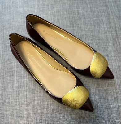 Rupert Sanderson车厘子色漆皮纯金箔碎花扣低跟女鞋尖头粗跟单鞋
