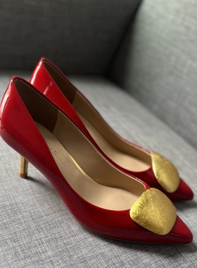 Rupert Sanderson 红色漆皮6CM真皮大底金色片扣高跟女鞋单鞋