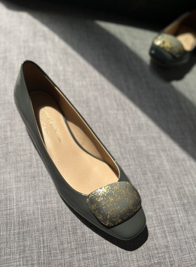 Rupert Sanderson深灰色金跟粗跟低跟方头碎花扣浅口女单鞋女鞋