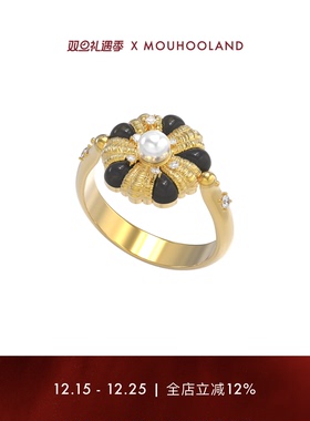 Mouhooland/暮后之地杏花系列黑玛瑙杏花编织戒指小众设计金色