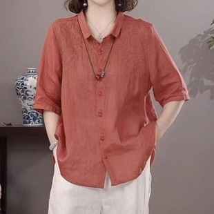 polo衬衫 妈妈装 高端苎麻时尚 女2024夏季 洋气薄款 亚麻上衣棉麻小衫