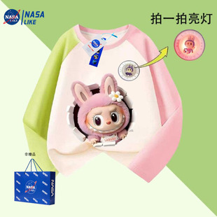 WASSUP联名拉布布卡通印花男女童纯棉长袖 潮 t恤上衣服童装 打底衫