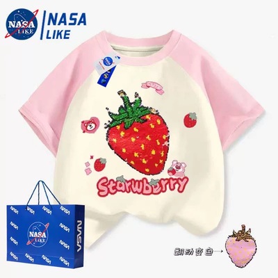 NASA西瓜衣服儿童翻转亮片可变色图案小女孩草莓上衣纯棉短袖T恤