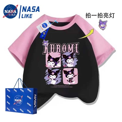 NASA库洛米亮灯女童插肩短袖t恤2025年夏季新款儿童纯棉薄款上衣