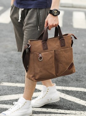 法国Cavi KIong男士商务出差帆布手提包单肩多功能公文包电脑背包