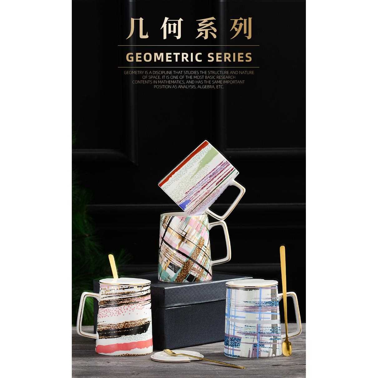 新款直销INS北欧陶瓷杯咖啡杯定制杯子带盖勺子礼盒装创意马克杯