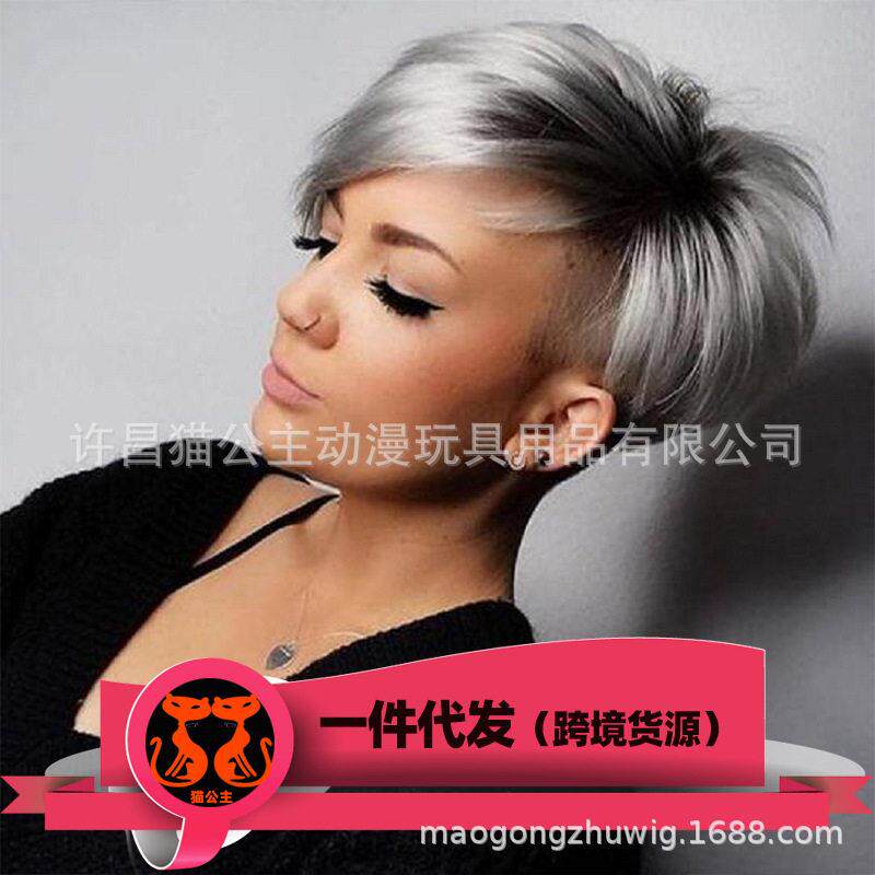 新款直销欧美时尚女白人假发 染色深根短直发 灰色温丝头套 现货