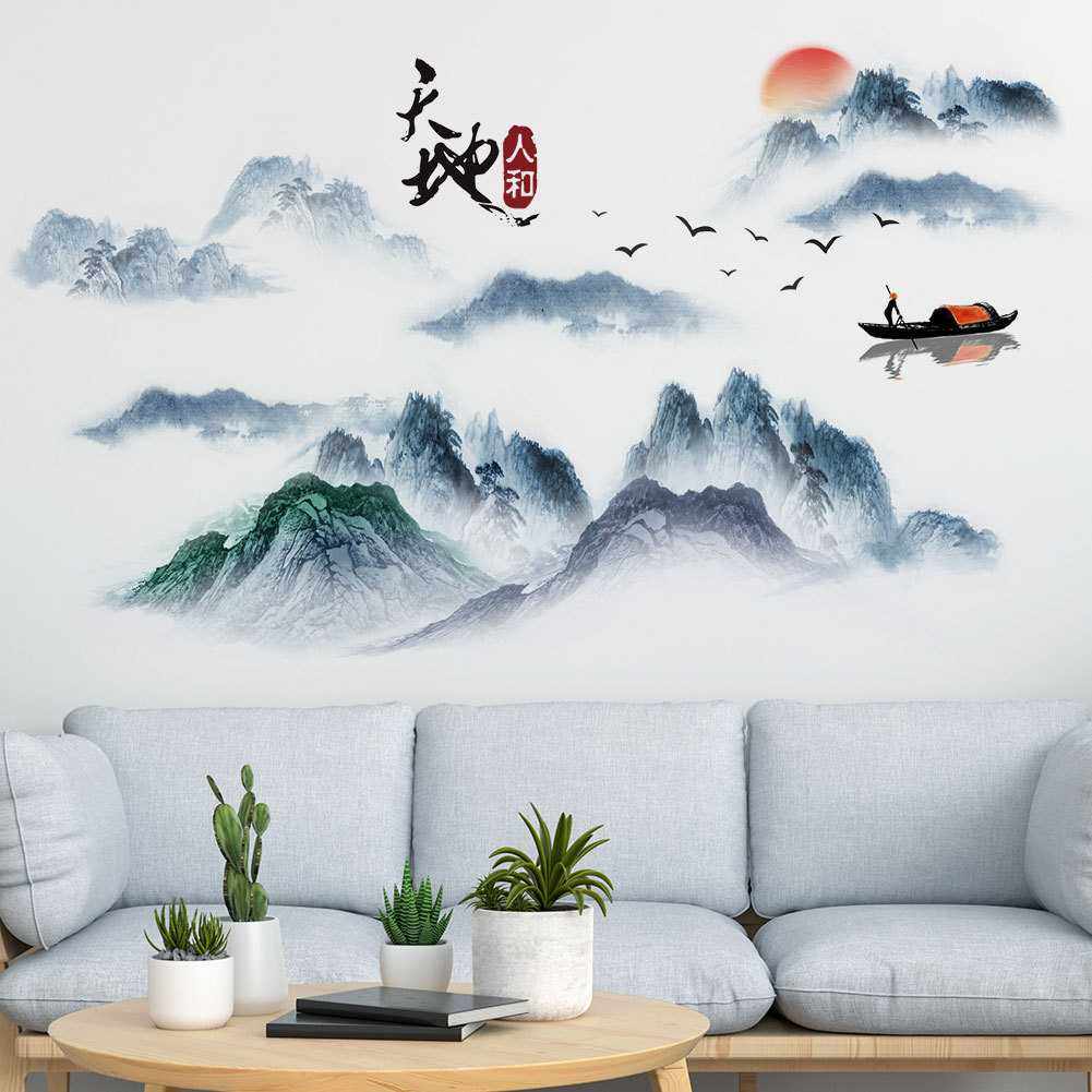新款直销水墨风景墙贴山水古典意境新中式客厅卧室电视沙发背景装,家装主材,定制壁画,淘宝优惠券,粉丝福利购,淘宝优惠卷
