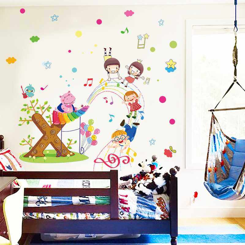 新款直销卡通音乐河马乐园墙贴儿童房幼儿园背景装饰可移除自粘贴,家装主材,定制壁画,淘宝优惠券,粉丝福利购,淘宝优惠卷